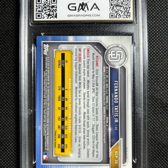 2019 Fernando Tatis Jr. Bowman Chrome Prospects #25 BCP-25 GMA 10 Gem Mint Padre - Picture 2 of 2